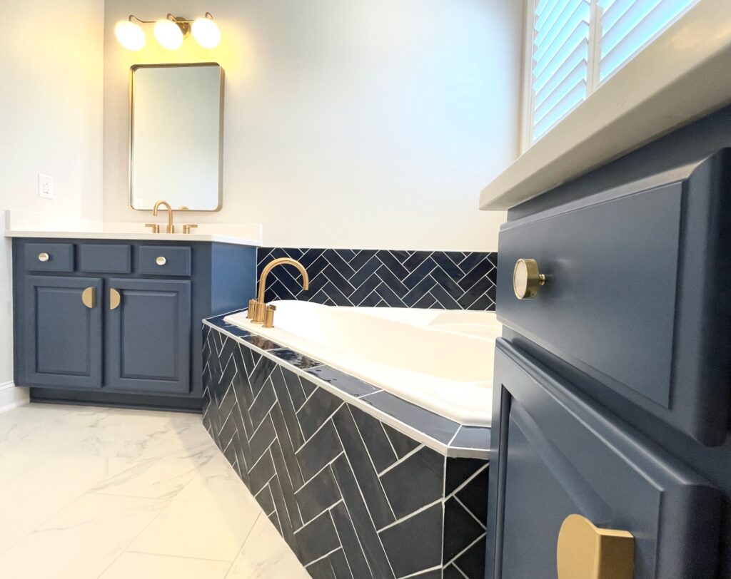 herringbone tile tub skirt