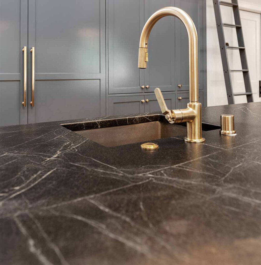 Soapstone Countertop with brushed brass hardware